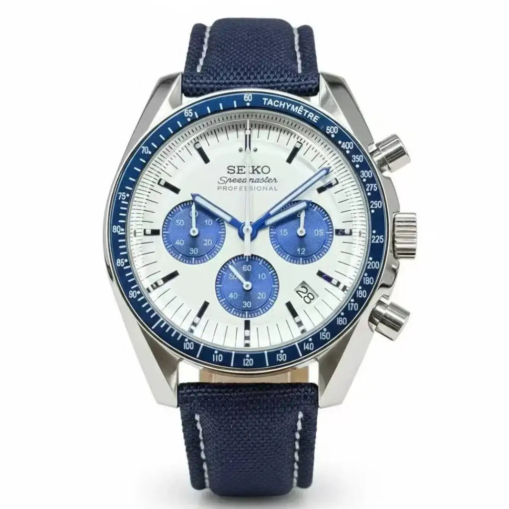 Speedmaster (Blue) Seiko VK63 meca-quartz chronograph mod watch. A full watch shot showing a white dial with blue sub dials and a blue bezel on a blue fabric strap.