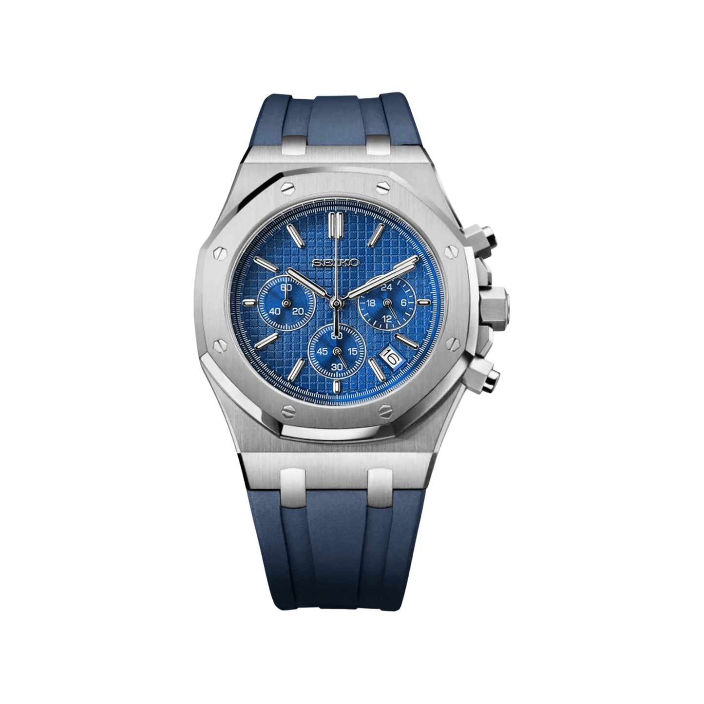 Royal Oak (Chrono Blue) Seiko VK63 meca-quartz chronograph mod watch. A blue dial watch with a octagonal bezel and a rubber strap, shown in a full product shot.