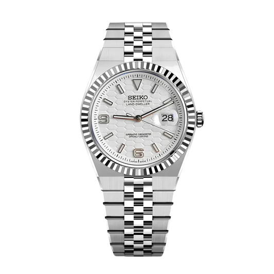 Rosevari Land-Dweller Seiko mod watch with silver fluted dial and integrated steel bracelet