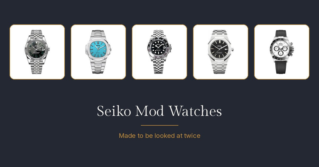 Five Rosevari Seiko mod watches from the Datejust, Nautilus, GMT, Royal Oak and Daytona families presented side by side on a navy background