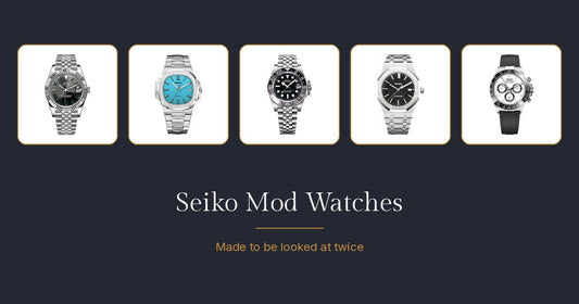 Five Rosevari Seiko mod watches from the Datejust, Nautilus, GMT, Royal Oak and Daytona families presented side by side on a navy background