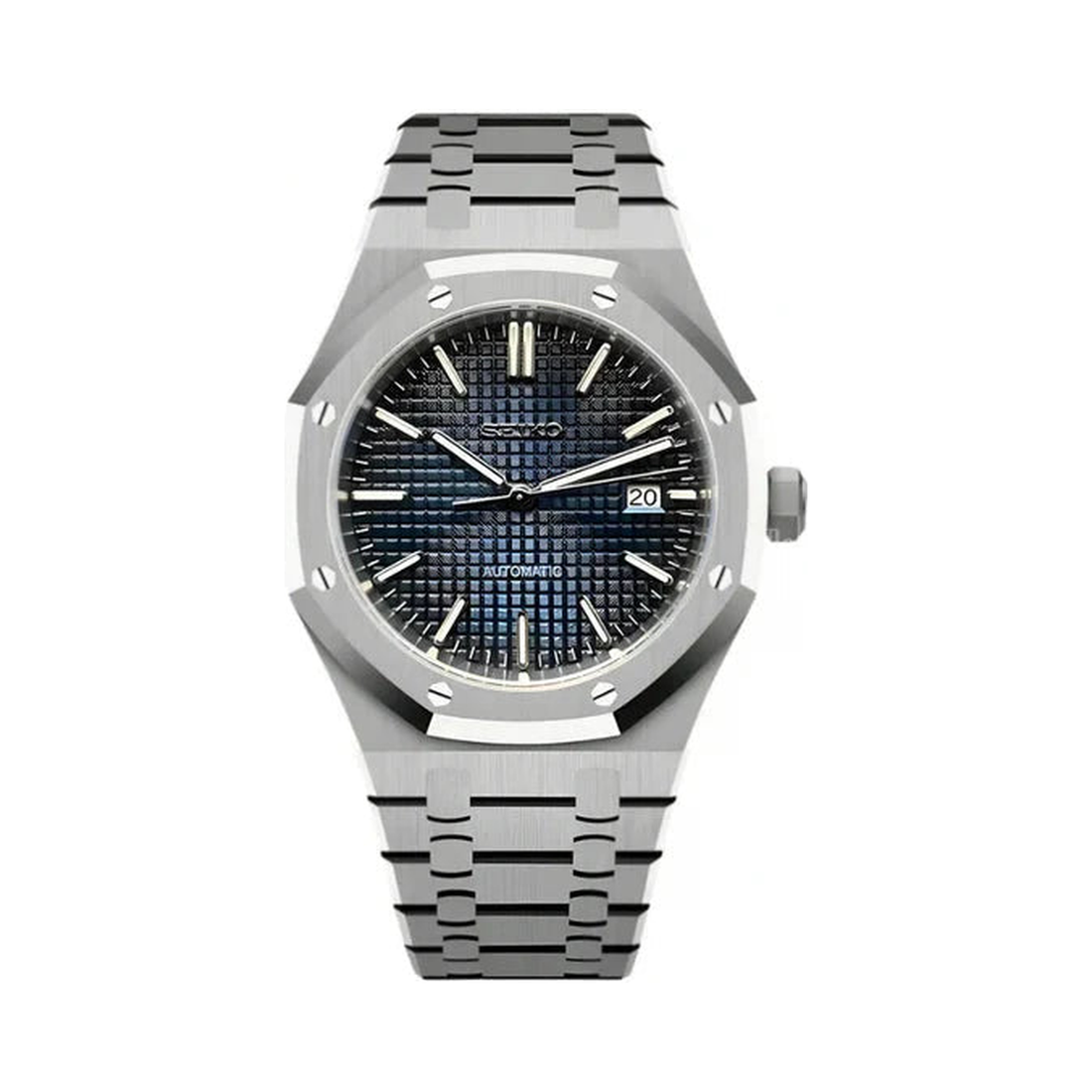 Royal Oak (Blue) Seiko NH35 automatic mod watch, blue textured dial, octagonal steel bezel with exposed screws, integrated steel bracelet