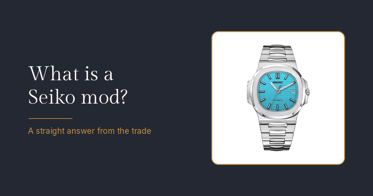 Navy banner asking What is a Seiko mod, with a Rosevari Nautilus mod in a gold-bordered card