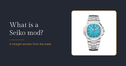Navy banner asking What is a Seiko mod, with a Rosevari Nautilus mod in a gold-bordered card