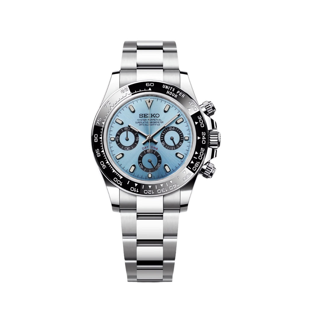 Seiko Daytona mod watch — ice blue dial, black tachymeter bezel, steel bracelet