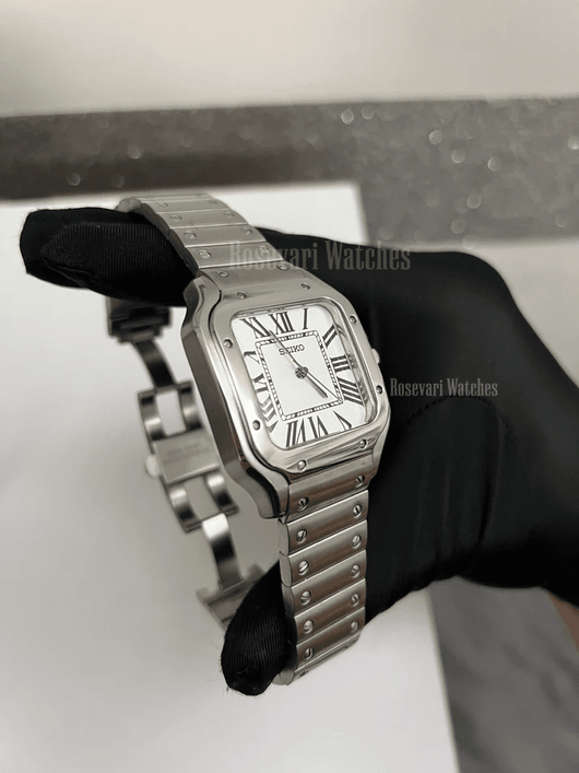 Santos (White) Seiko NH35 automatic mod watch. A white dial watch with a silver bezel and metal link bracelet held in a gloved hand showing the clasp.