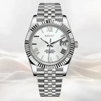 Datejust (White Roman) Seiko NH35 automatic mod watch. A silver dial watch with a fluted bezel and a metal link bracelet shown in a full front view.