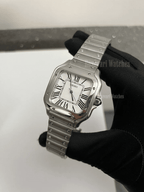 Santos (White) Seiko NH35 automatic mod watch. A white dial watch with a silver bezel and metal link bracelet held in a gloved hand at an angle.