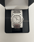Nautilus (Silver White) Seiko NH35 automatic mod watch. A white dial watch with a silver bezel and metal link bracelet inside a black watch box.