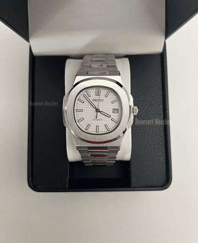 Nautilus (Silver White) Seiko NH35 automatic mod watch. A white dial watch with a silver bezel and metal link bracelet inside a black watch box.