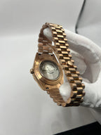 Day-Date (Rose Gold, Green) Japanese automatic mod watch. A caseback detail shows the back of the rose gold watch with a clear window revealing the movement.