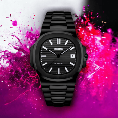 Nautilus (All Black) Seiko NH35 automatic mod watch. A full watch shot features a black dial and black bezel with a black metal bracelet against a pink background.