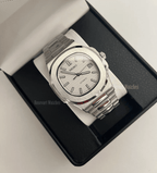 Nautilus (Silver White) Seiko NH35 automatic mod watch. A white dial watch with a silver bezel and metal link bracelet inside a black watch box.