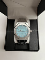 Royal Oak (Light Blue) Seiko NH35 automatic mod watch. A light blue dial watch with a silver bezel and metal bracelet inside a watch box.