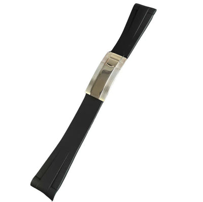 Oyster Flex Silicon Strap. A black rubber watch strap with a silver metal deployment clasp shown in a studio shot.