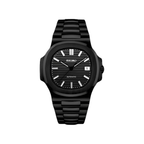 Nautilus (All Black) Seiko NH35 automatic mod watch. A black dial watch with a black bezel and a black metal bracelet shown in a full product shot.