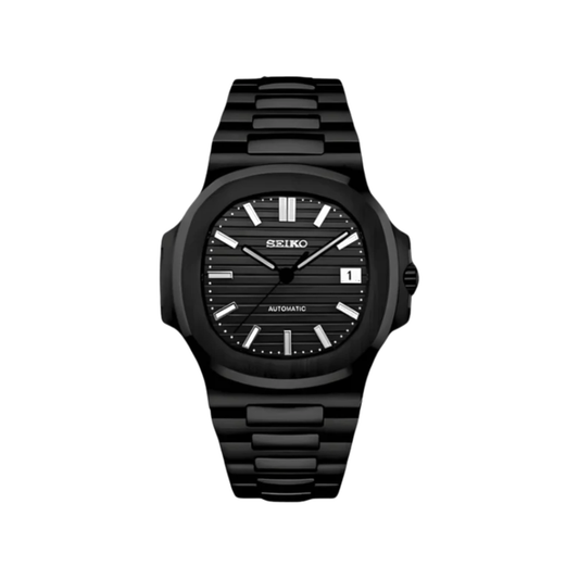 Nautilus (All Black) Seiko NH35 automatic mod watch. A black dial watch with a black bezel and a black metal bracelet shown in a full product shot.