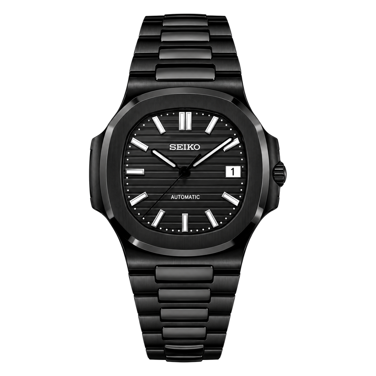 Nautilus (All Black) Seiko NH35 automatic mod watch. A black dial watch with a black bezel and a black metal bracelet shown in a full product shot.