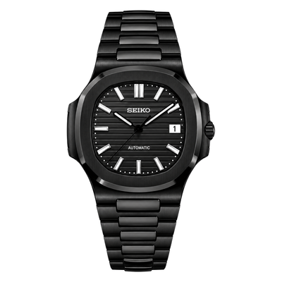 Nautilus (All Black) Seiko NH35 automatic mod watch. A black dial watch with a black bezel and a black metal bracelet shown in a full product shot.