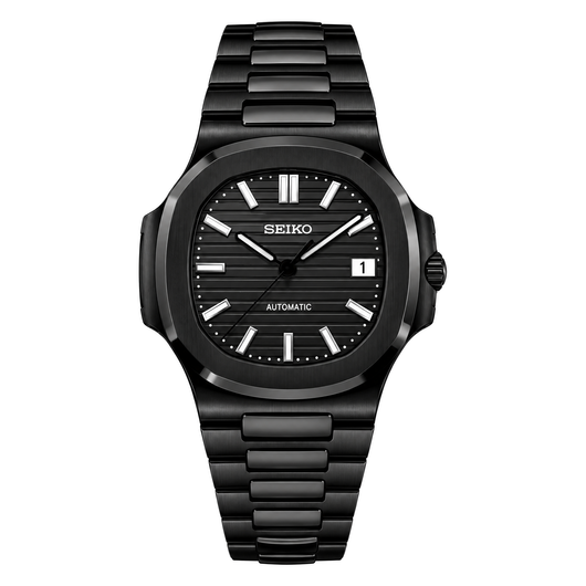 Nautilus (All Black) Seiko NH35 automatic mod watch. A black dial watch with a black bezel and a black metal bracelet shown in a full product shot.