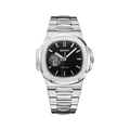 Nautilus (Black Open Heart) Seiko NH38 open-heart automatic mod watch. A black dial watch with a octagonal bezel and a steel bracelet, shown in a full product shot.