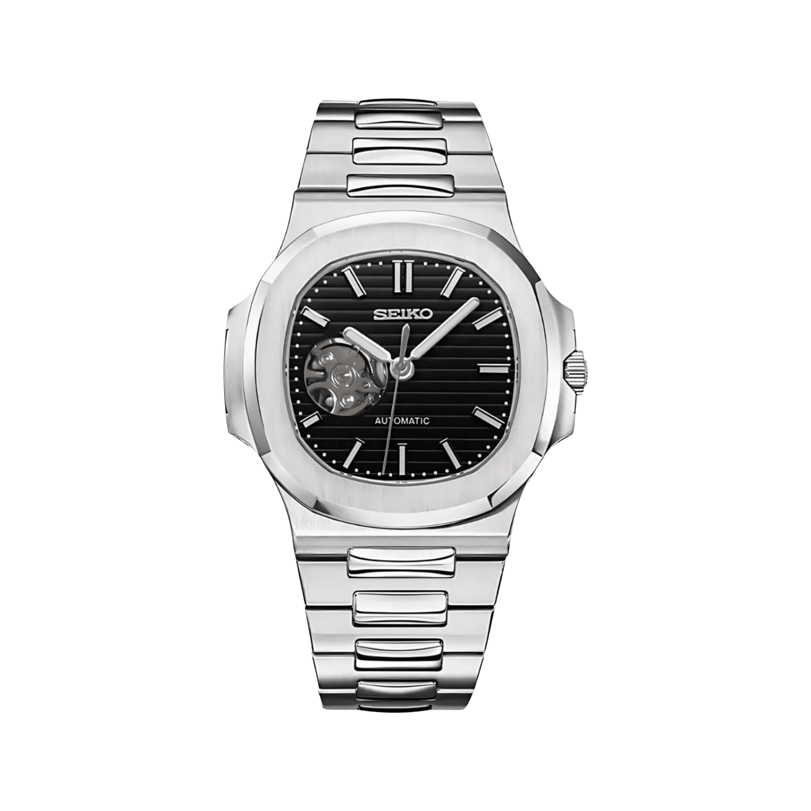 Nautilus (Black Open Heart) Seiko NH38 open-heart automatic mod watch. A black dial watch with a octagonal bezel and a steel bracelet, shown in a full product shot.