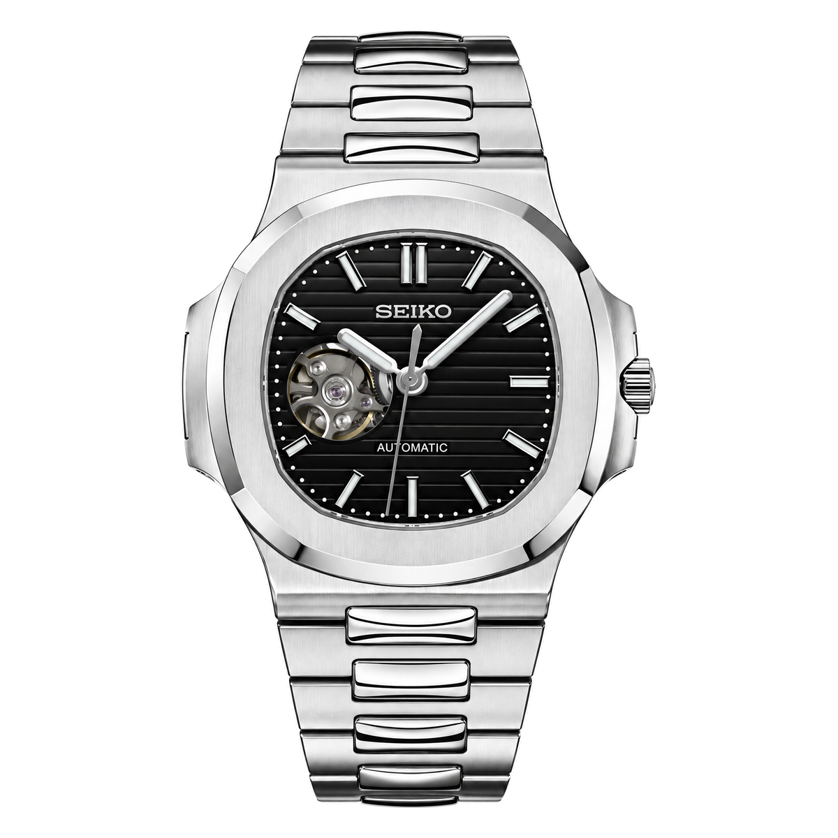 Nautilus (Black Open Heart) Seiko NH38 open-heart automatic mod watch. A black dial watch with a octagonal bezel and a steel bracelet, shown in a full product shot.