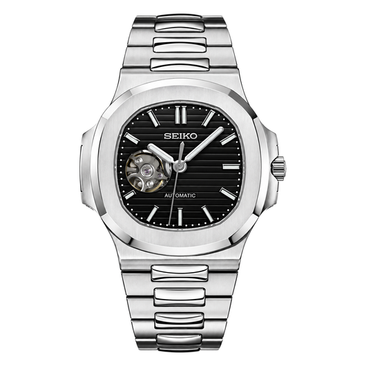 Nautilus (Black Open Heart) Seiko NH38 open-heart automatic mod watch. A black dial watch with a octagonal bezel and a steel bracelet, shown in a full product shot.