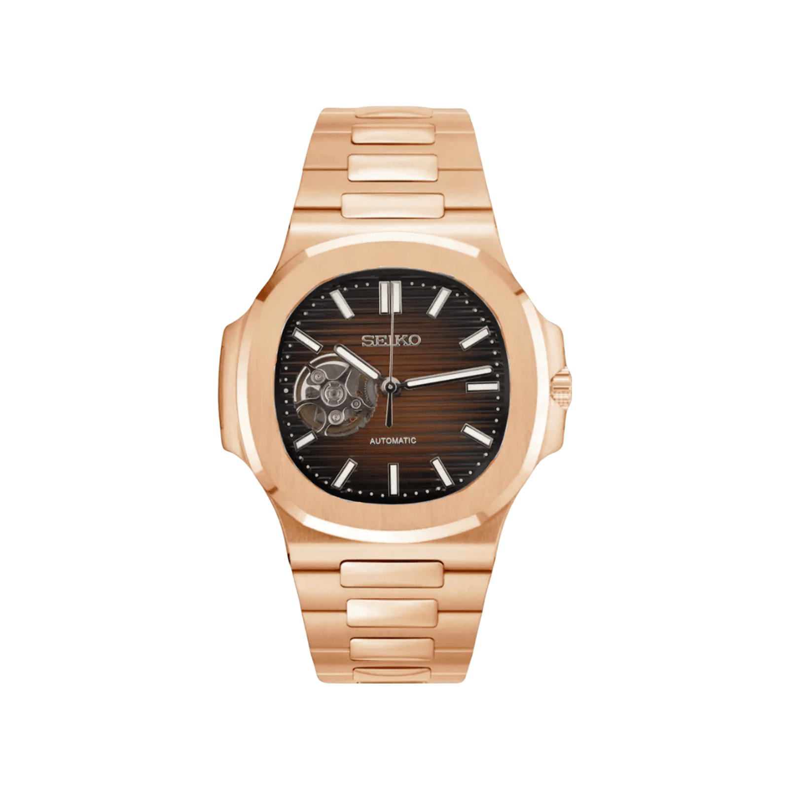 Nautilus (Open Heart, Chocolate) Seiko NH38 open-heart automatic mod watch. A brown dial watch with an open heart and a rose gold bracelet shown in a full product shot.