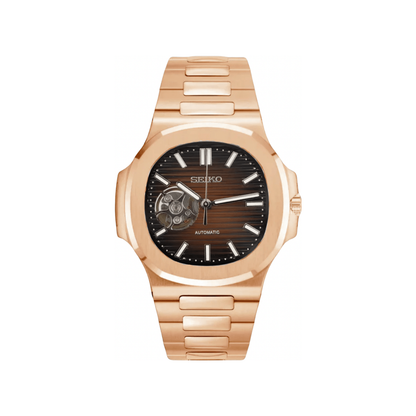 Nautilus (Open Heart, Chocolate) Seiko NH38 open-heart automatic mod watch. A brown dial watch with an open heart and a rose gold bracelet shown in a full product shot.