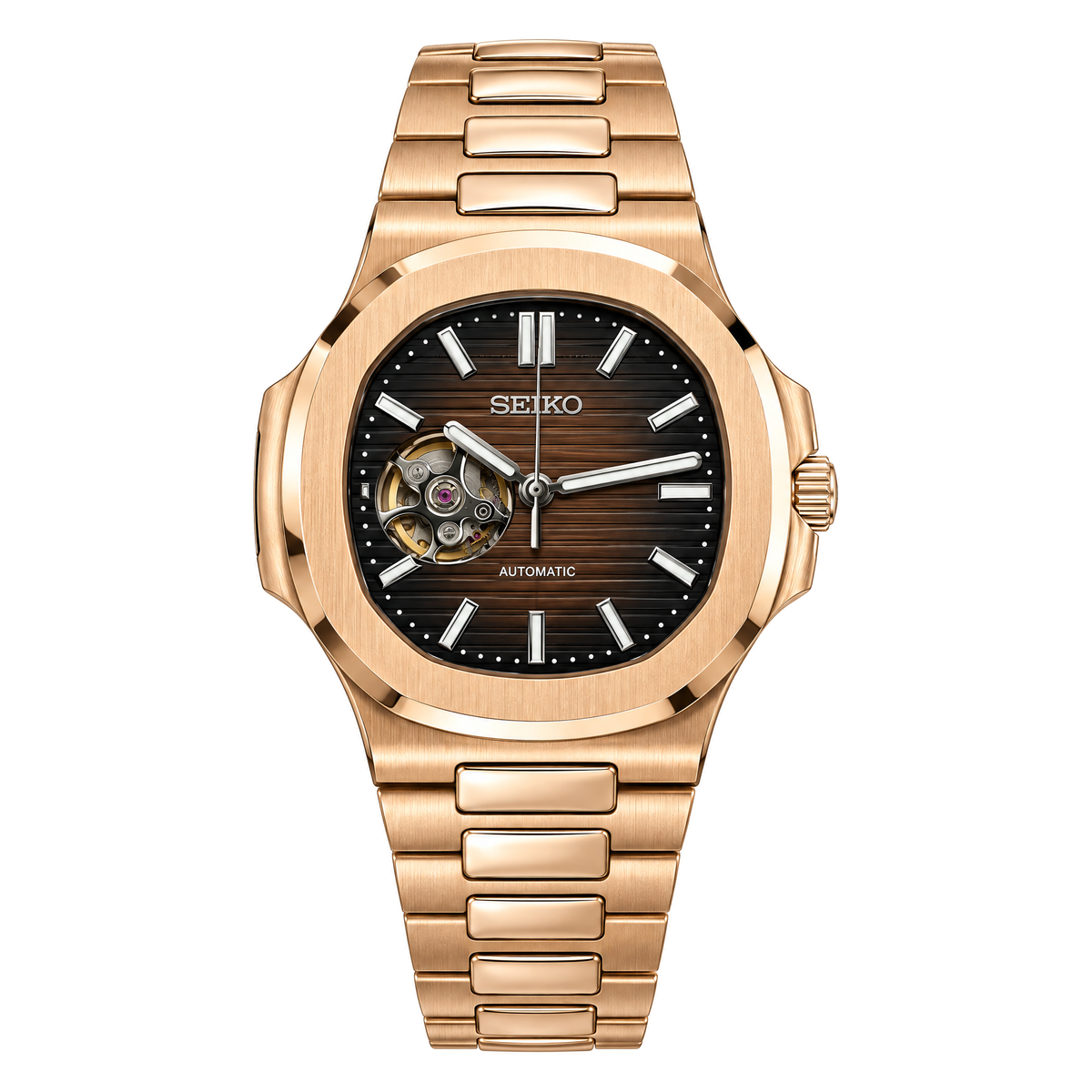 Nautilus (Open Heart, Chocolate) Seiko NH38 open-heart automatic mod watch. A brown dial watch with an open heart and a rose gold bracelet shown in a full product shot.