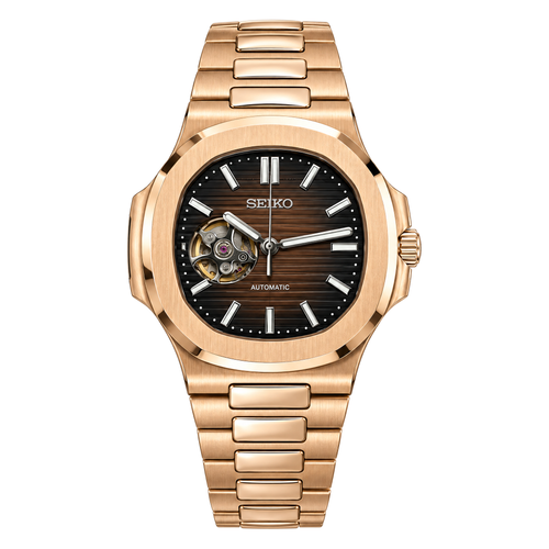 Nautilus (Open Heart, Chocolate) Seiko NH38 open-heart automatic mod watch. A brown dial watch with an open heart and a rose gold bracelet shown in a full product shot.