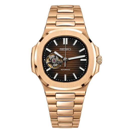 Nautilus (Open Heart, Chocolate) Seiko NH38 open-heart automatic mod watch. A brown dial watch with an open heart and a rose gold bracelet shown in a full product shot.