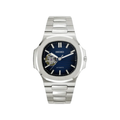 Nautilus (Open Heart, Royal Blue) Seiko NH38 open-heart automatic mod watch. A blue dial watch with a silver bezel and a metal link bracelet shown in a full product shot.
