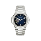Nautilus (Open Heart, Royal Blue) Seiko NH38 open-heart automatic mod watch. A blue dial watch with a silver bezel and a metal link bracelet shown in a full product shot.