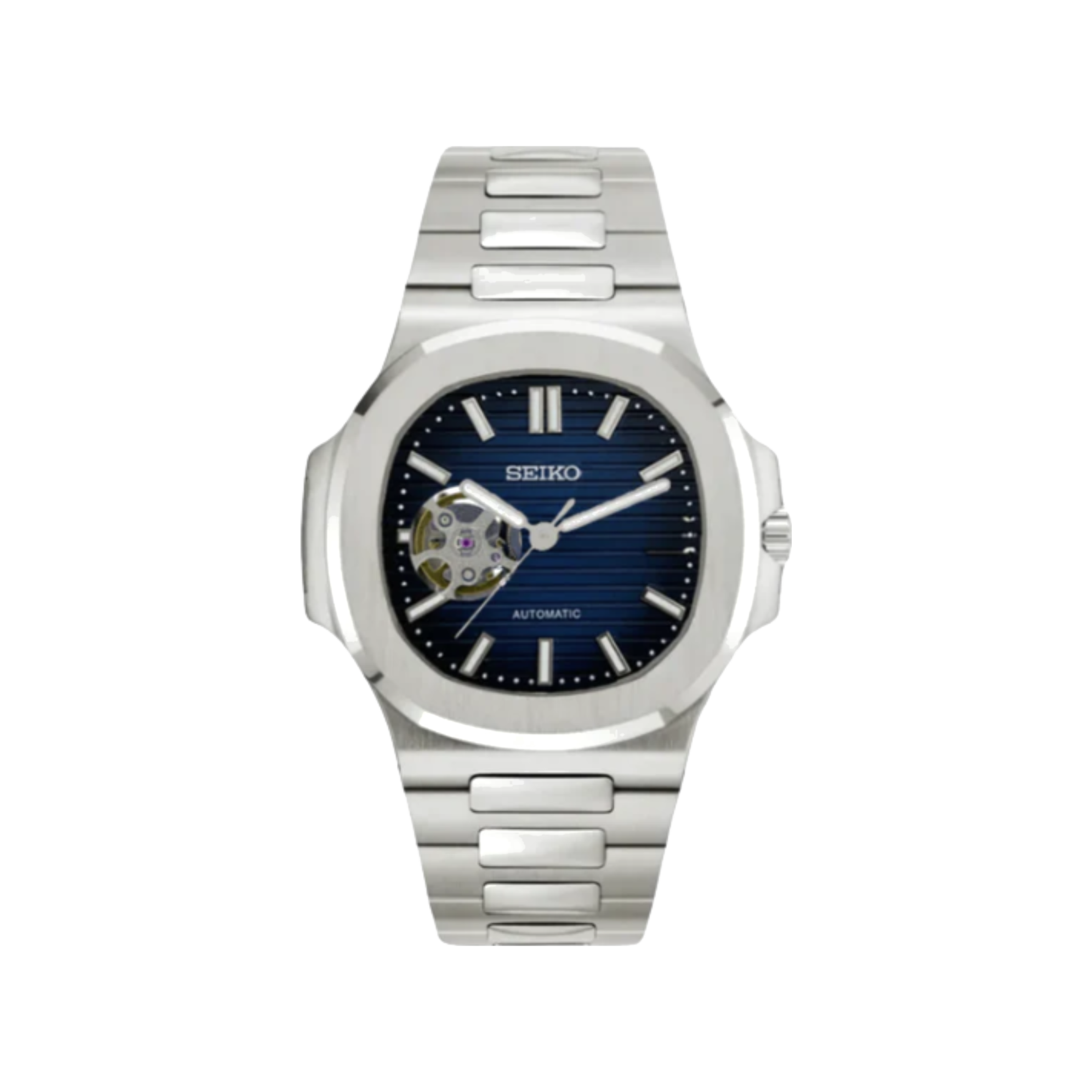 Nautilus (Open Heart, Royal Blue) Seiko NH38 open-heart automatic mod watch. A blue dial watch with a silver bezel and a metal link bracelet shown in a full product shot.