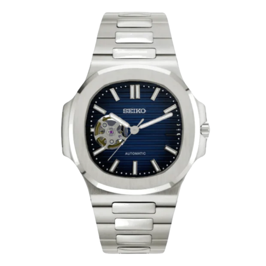 SeikNautilus (Open Heart, Royal Blue) Seiko NH38 open-heart automatic mod watch. A full watch shot showing a blue dial and silver bezel with a metal link bracelet.