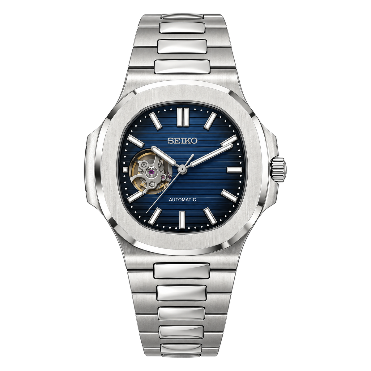 Nautilus (Open Heart, Royal Blue) Seiko NH38 open-heart automatic mod watch. A blue dial watch with a silver bezel and a metal link bracelet shown in a full product shot.