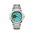 Nautilus (Open Heart Tiffany Blue) Seiko NH38 open-heart automatic mod watch. A turquoise dial watch with a octagonal bezel and a steel bracelet, shown in a full product shot.