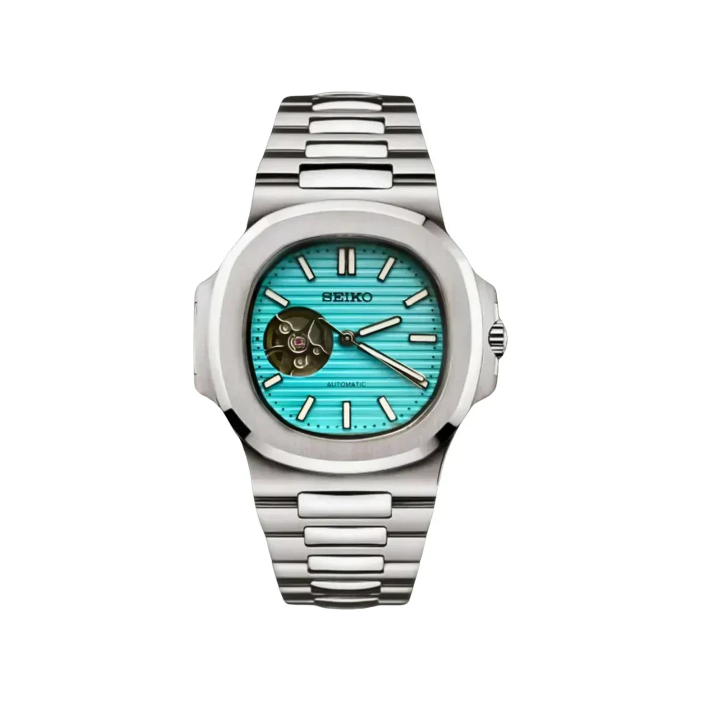 Nautilus (Open Heart Tiffany Blue) Seiko NH38 open-heart automatic mod watch. A turquoise dial watch with a octagonal bezel and a steel bracelet, shown in a full product shot.