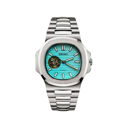 Nautilus (Open Heart Tiffany Blue) Seiko NH38 open-heart automatic mod watch. A turquoise dial watch with a octagonal bezel and a steel bracelet, shown in a full product shot.