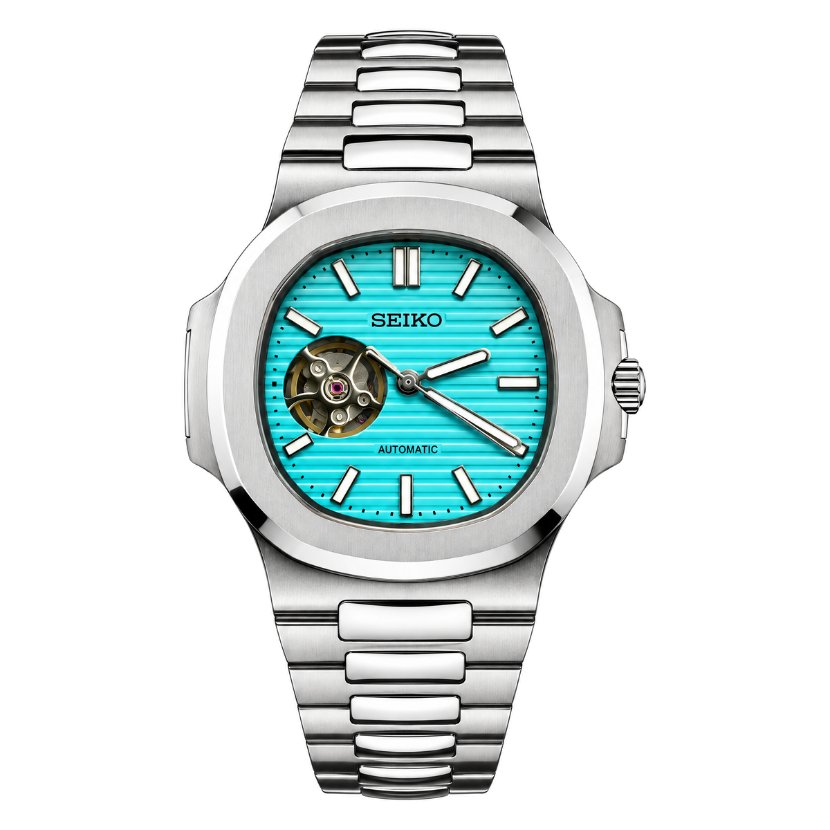 Nautilus (Open Heart Tiffany Blue) Seiko NH38 open-heart automatic mod watch. A turquoise dial watch with a octagonal bezel and a steel bracelet, shown in a full product shot.