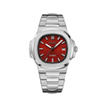 Nautilus (Red) Seiko NH35 automatic mod watch. A red dial watch with a octagonal bezel and a steel bracelet, shown in a full product shot.