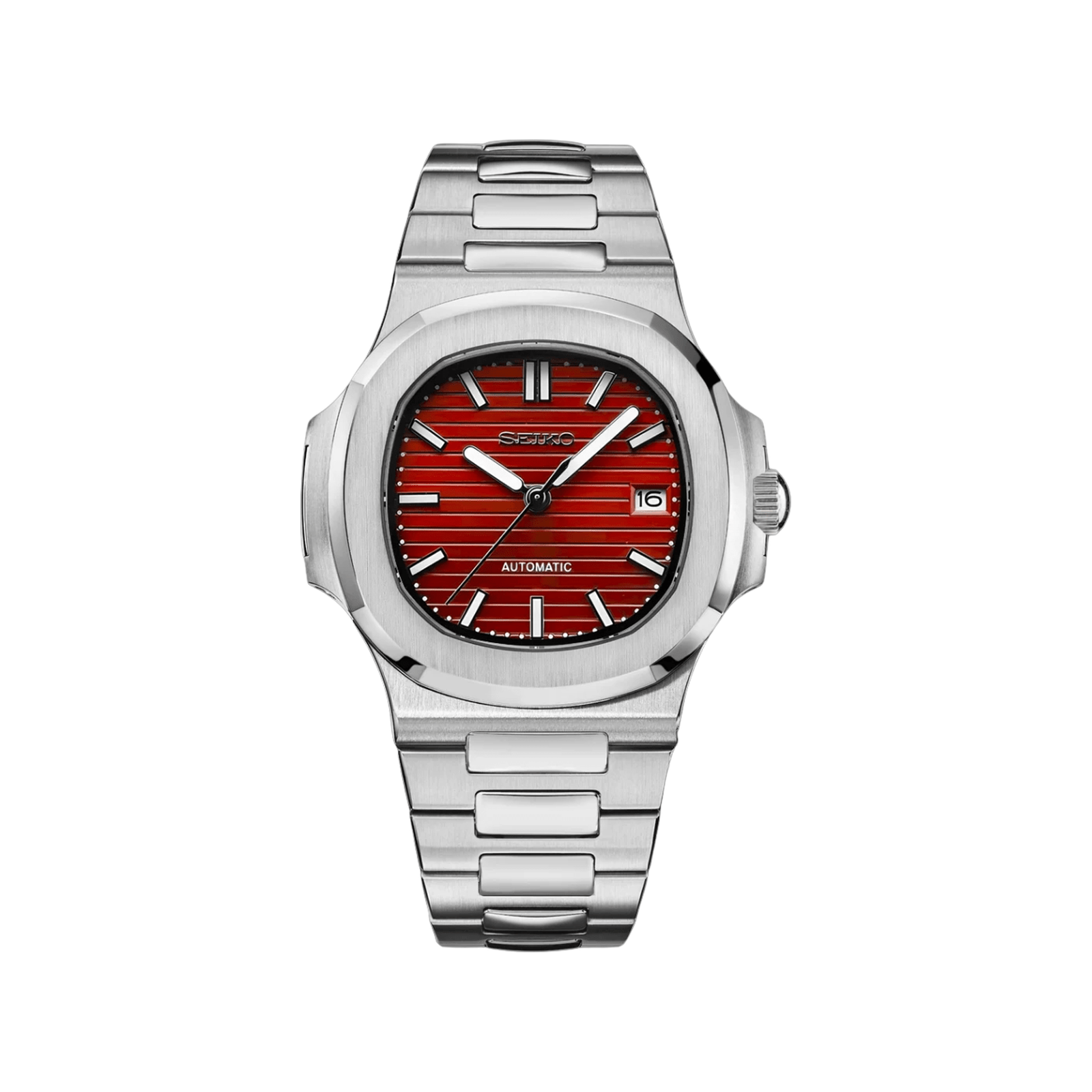 Nautilus (Red) Seiko NH35 automatic mod watch. A red dial watch with a octagonal bezel and a steel bracelet, shown in a full product shot.