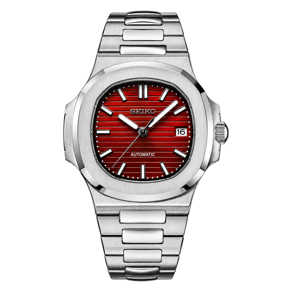 Nautilus (Red) Seiko NH35 automatic mod watch. A red dial watch with a octagonal bezel and a steel bracelet, shown in a full product shot.