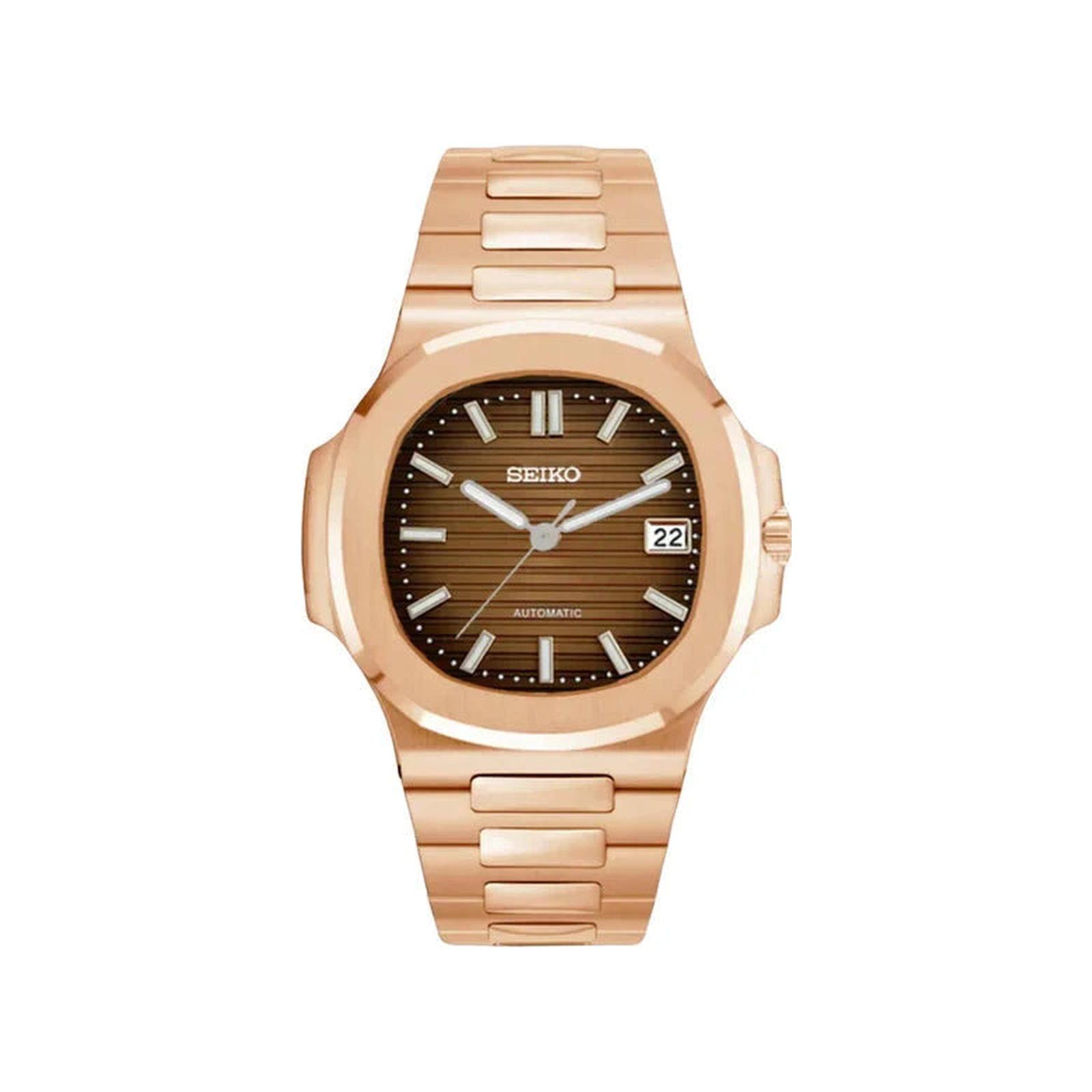 Nautilus (Rose Gold, Chocolate) Seiko NH35 automatic mod watch. A brown horizontal striped dial watch with a rose gold case and a metal link bracelet shown in a full product shot.