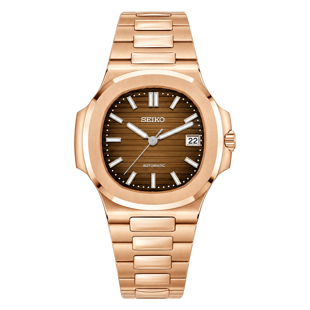 Nautilus (Rose Gold, Chocolate) Seiko NH35 automatic mod watch. A brown horizontal striped dial watch with a rose gold case and a metal link bracelet shown in a full product shot.