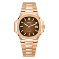 Nautilus (Rose Gold, Chocolate) Seiko NH35 automatic mod watch. A brown horizontal striped dial watch with a rose gold case and a metal link bracelet shown in a full product shot.