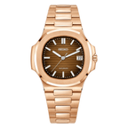 Nautilus (Rose Gold, Chocolate) Seiko NH35 automatic mod watch. A brown horizontal striped dial watch with a rose gold case and a metal link bracelet shown in a full product shot.