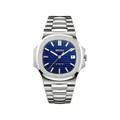 Nautilus (Royal Blue) Seiko NH35 automatic mod watch. A blue dial watch with a silver bezel and metal link bracelet shown in a full product shot.